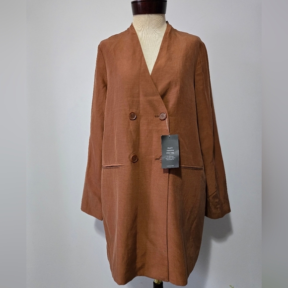 VEILED-NWT- Linen Longline Cupro Double-Breasted Blazer in Baked Clay. Medium - Picture 1 of 11